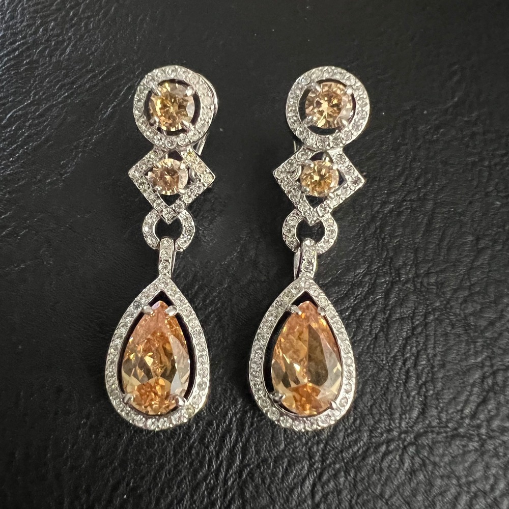 Champagne Crystal Teardrop Dangle Earrings Silver Tone 2 Inch Old Money